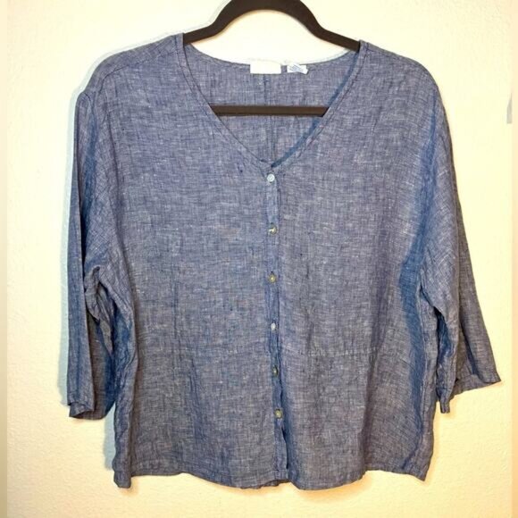 Sigrid Olsen Tops - Sigrid Olsen womens 100% linen blue shirt cotton summer 3/4 Sleeves V-Neck